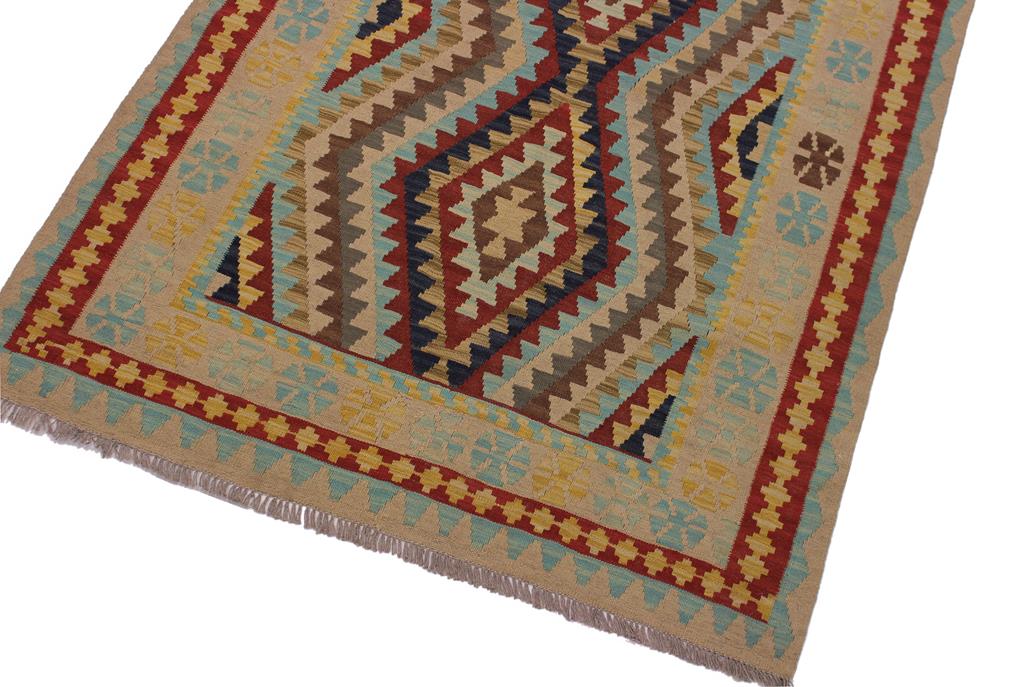 Flat Weave Kilim Antique Navaho Vintage handmade Geometric Kilim Tan Blue Hand-Woven Rectangle 100% Wool Area Rug 4x6 