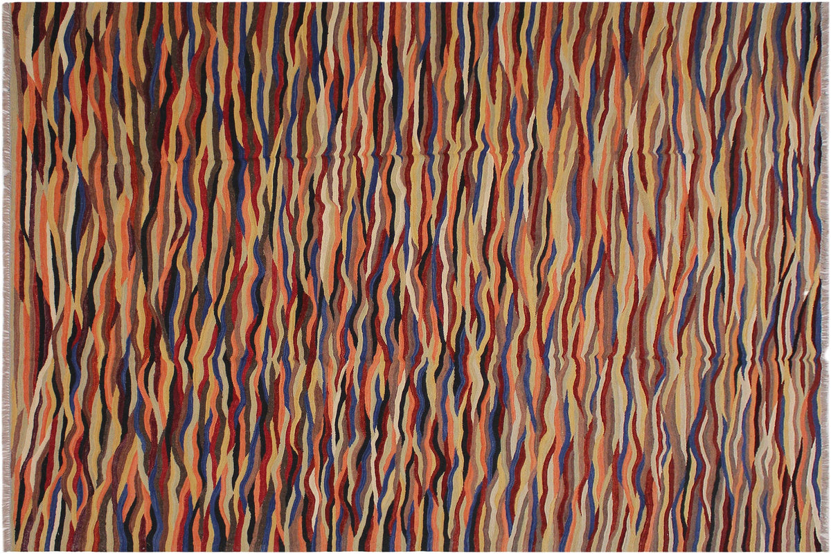 8x10 hand woven Turkish Modern Kilim wool rug in beige and blue - Turkish Eclectic Candis