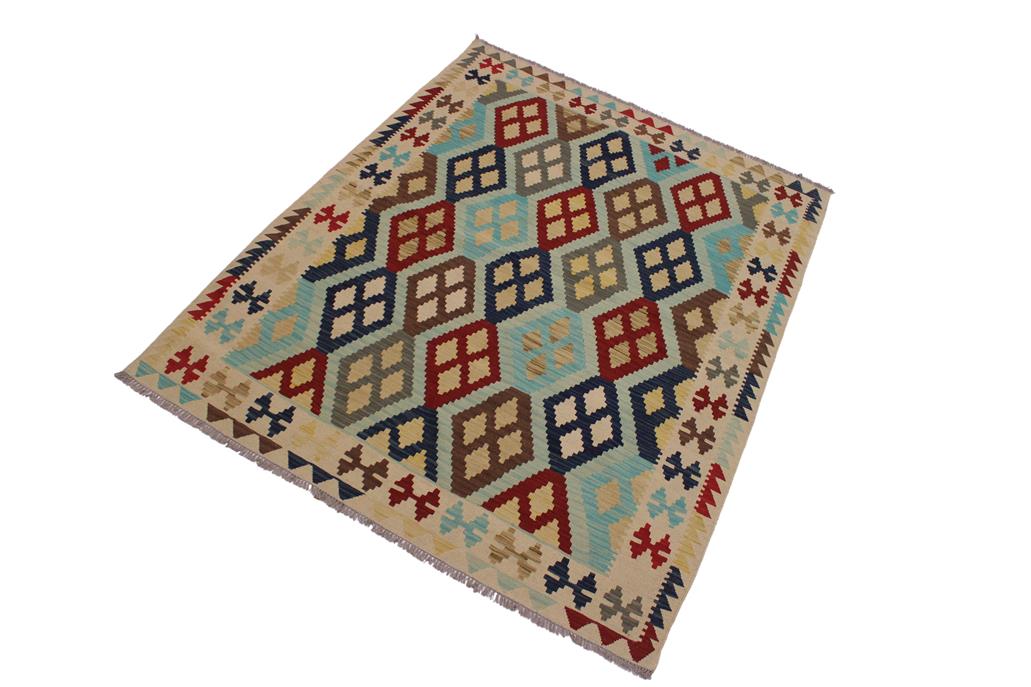 Flat Weave Kilim Antique Navaho Vintage handmade Geometric Kilim Ivory Brown Hand-Woven Rectangle 100% Wool Area Rug 5x7 