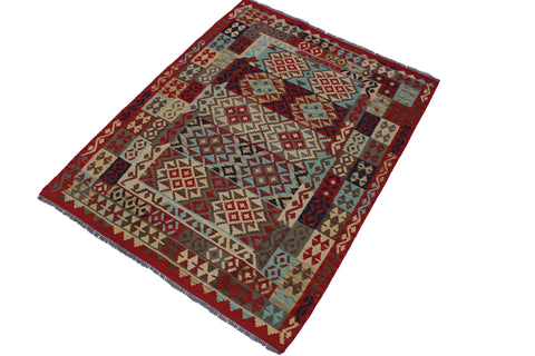 handmade Geometric Kilim Red Tan Hand-Woven RECTANGLE 100% WOOL area rug 5 x 7