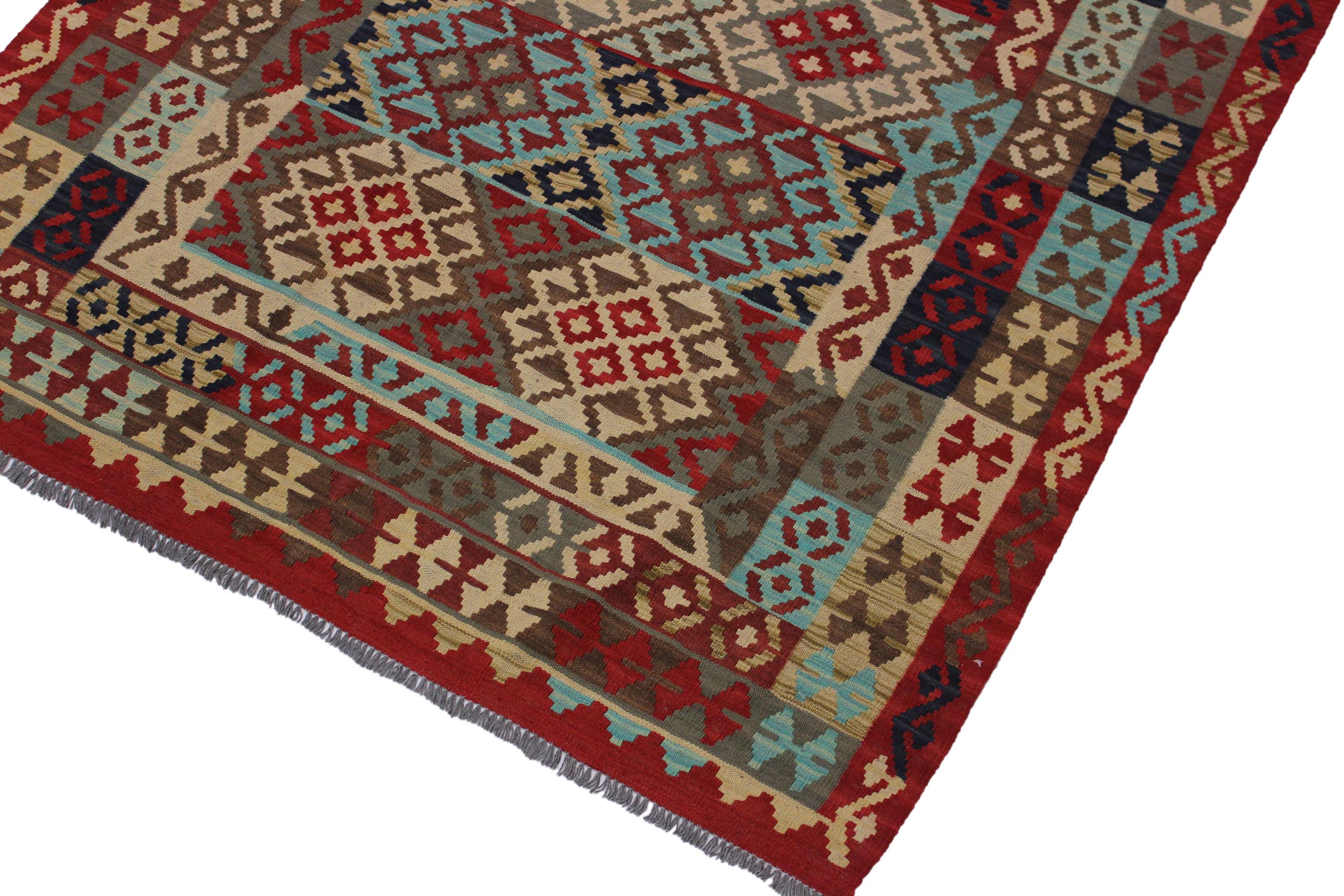 handmade Geometric Kilim Red Tan Hand-Woven RECTANGLE 100% WOOL area rug 5 x 7