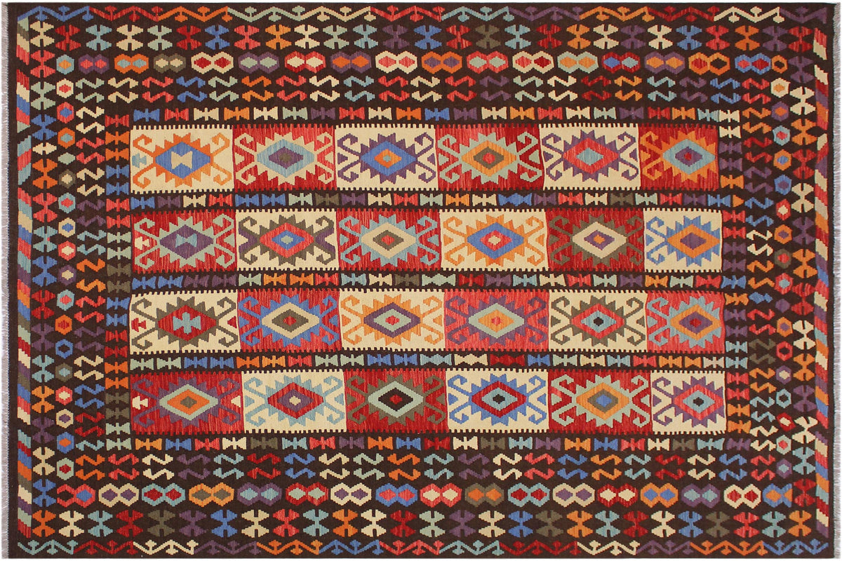 9x10 hand woven Turkish Kilim wool rug in brown and rust - Rustic Carie Turkish