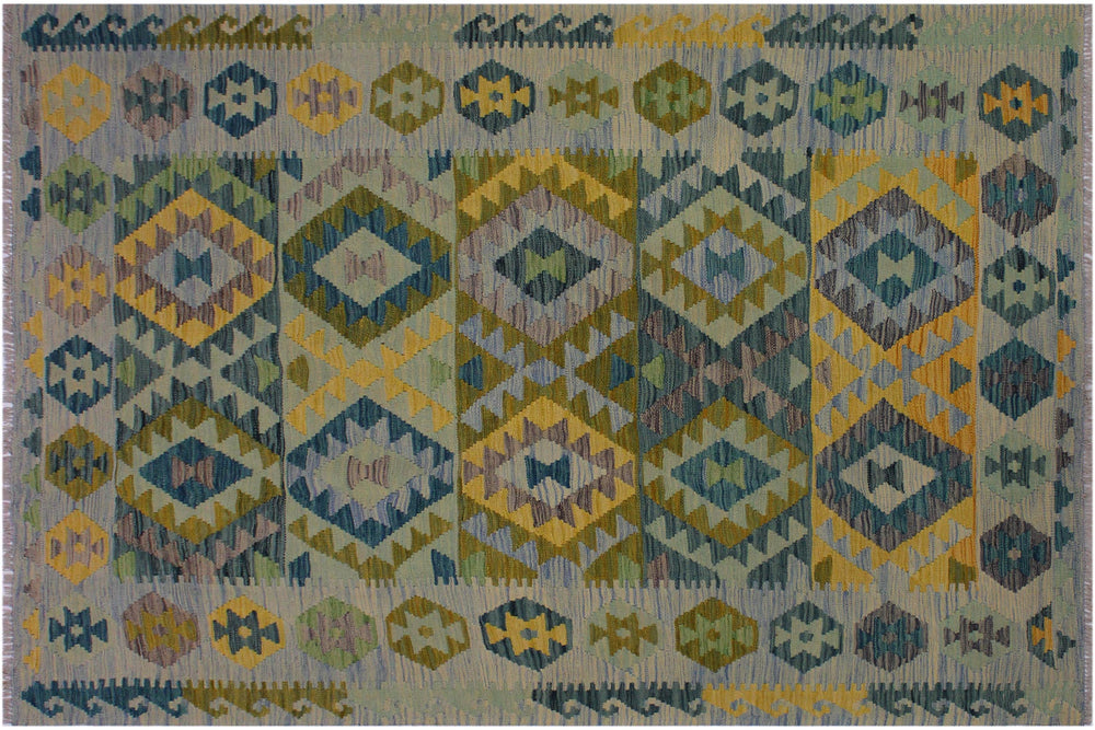 handmade Geometric Kilim Gray Blue Hand-Woven RECTANGLE 100% WOOL area rug 5 x 7