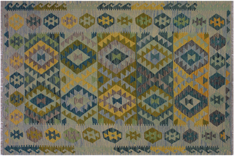 handmade Geometric Kilim Gray Blue Hand-Woven RECTANGLE 100% WOOL area rug 5 x 7