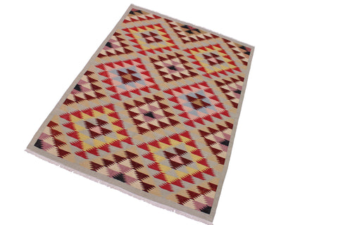 handmade Modern Kilim Gray Red Hand-Woven RECTANGLE 100% WOOL area rug 5 x 6
