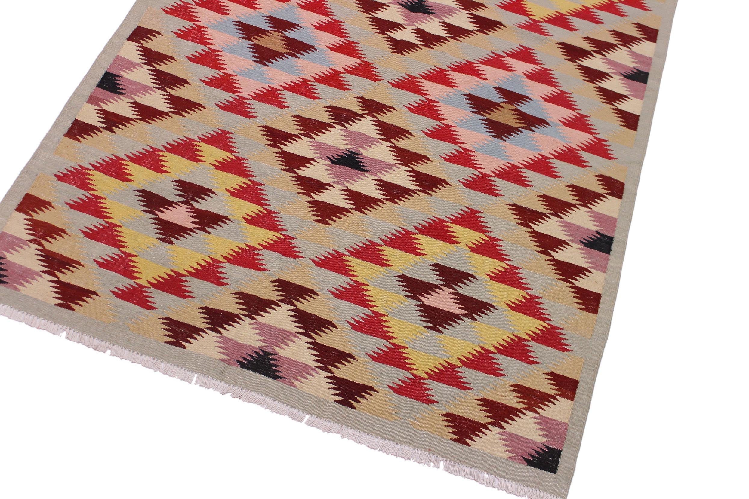 handmade Modern Kilim Gray Red Hand-Woven RECTANGLE 100% WOOL area rug 5 x 6