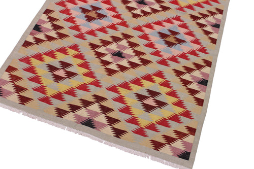 handmade Modern Kilim Gray Red Hand-Woven RECTANGLE 100% WOOL area rug 5 x 6