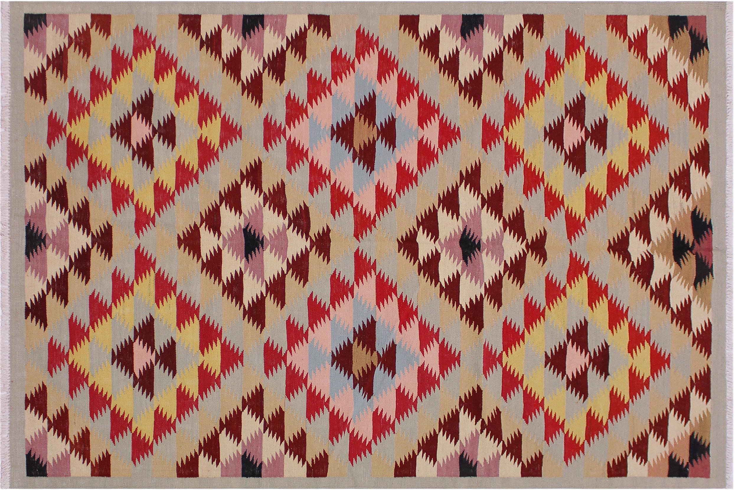 handmade Modern Kilim Gray Red Hand-Woven RECTANGLE 100% WOOL area rug 5 x 6