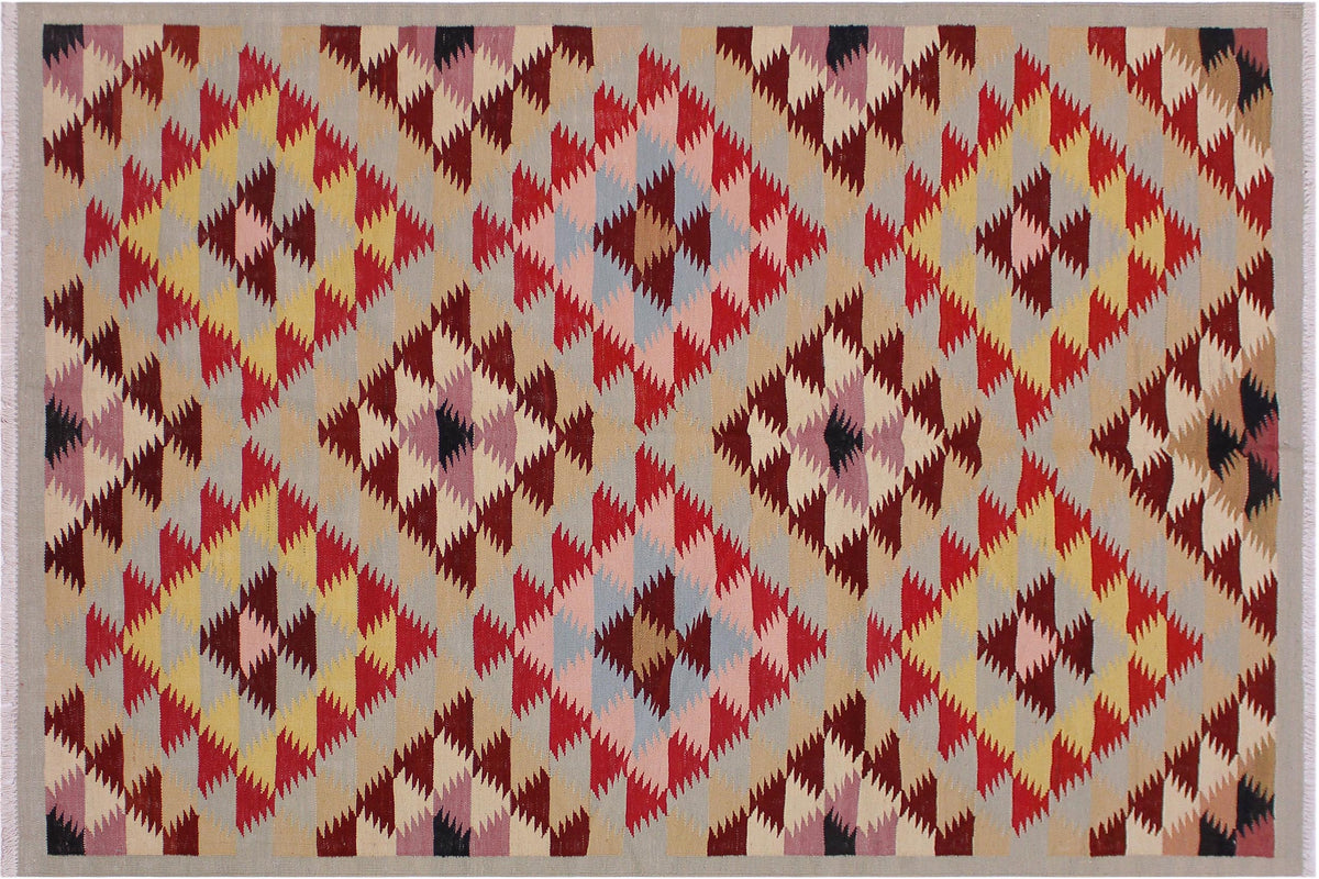 5x6 hand woven Turkish Modern Kilim wool rug in gray and red - Turkish Bohemian Carissa