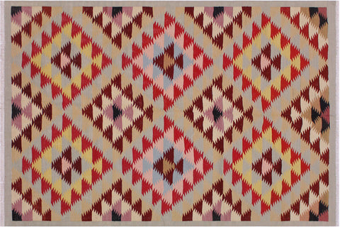 handmade Modern Kilim Gray Red Hand-Woven RECTANGLE 100% WOOL area rug 5 x 6