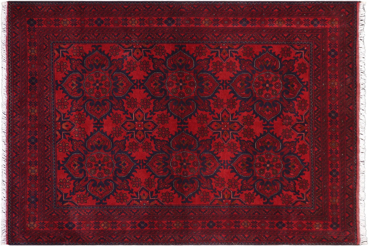 handmade Geometric Khal Muhamm Red Blue Hand Knotted RECTANGLE 100% WOOL area rug 5' x 7'