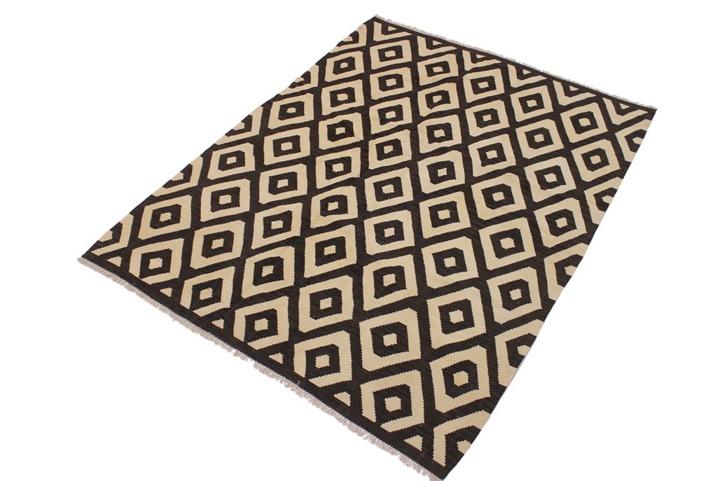 Flat Weave Kilim Antique Navaho Vintage handmade Modern Kilim Black Ivory Hand-Woven Rectangle 100% Wool Area Rug 6x8 