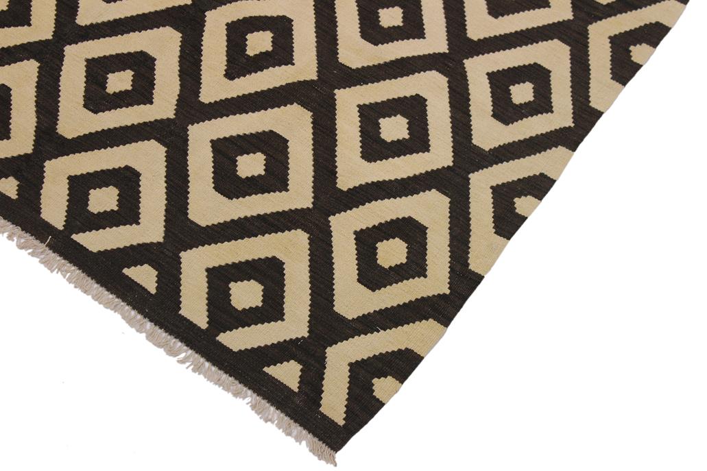 Flat Weave Kilim Antique Navaho Vintage handmade Modern Kilim Black Ivory Hand-Woven Rectangle 100% Wool Area Rug 6x8 