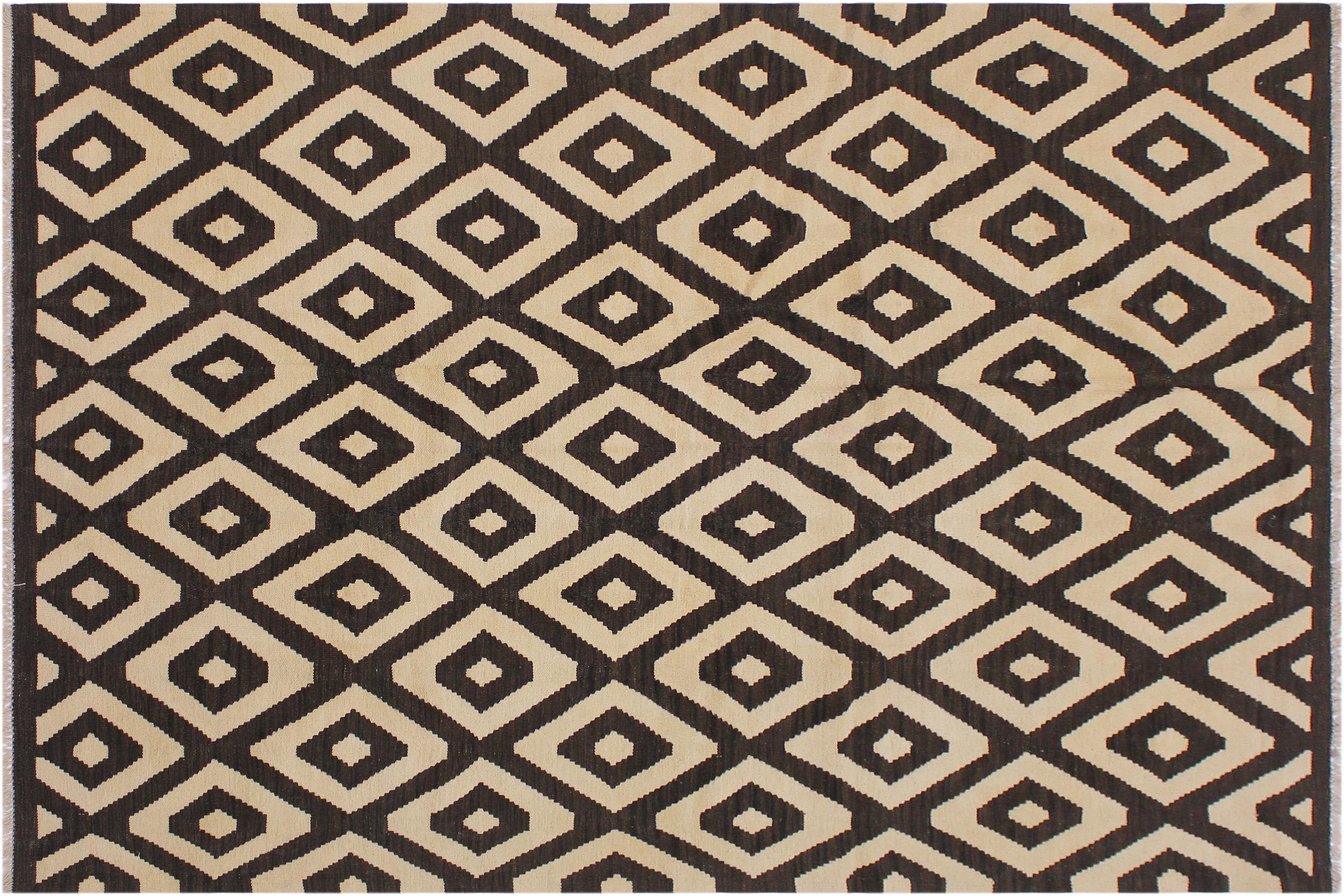 handmade Modern Kilim Black Ivory Hand-Woven RECTANGLE 100% WOOL area rug 6' x 8'