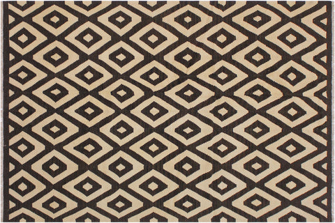 handmade Modern Kilim Black Ivory Hand-Woven RECTANGLE 100% WOOL area rug 6' x 8'