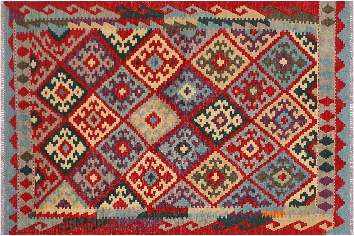 4x6 hand woven Turkish Kilim wool rug in red and beige - Ethnic Carmela Turkish