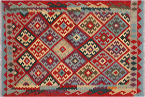 4x6 hand woven Turkish Kilim wool rug in red and beige - Ethnic Carmela Turkish