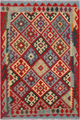 Flat Weave Kilim Antique Navaho Vintage handmade Geometric Kilim Red Beige Hand-Woven Rectangle 100% Wool Area Rug 4x6 