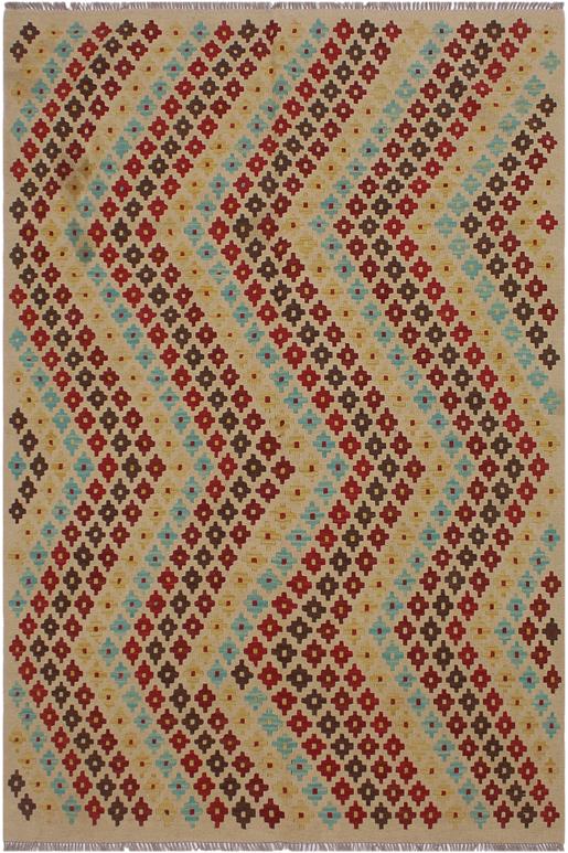 Flat Weave Kilim Antique Navaho Vintage handmade Modern Kilim Tan Red Hand-Woven Rectangle 100% Wool Area Rug 5x7 