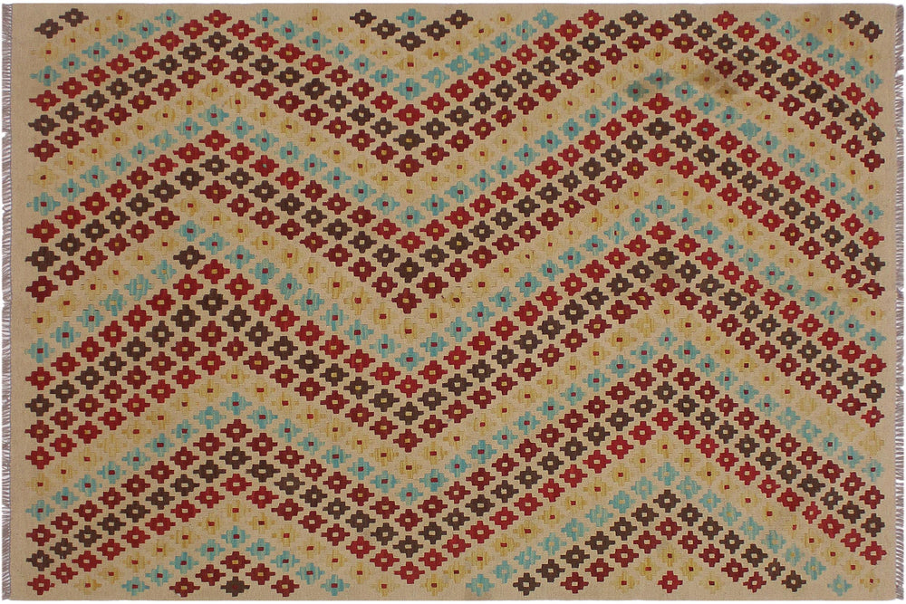 handmade Modern Kilim Tan Red Hand-Woven RECTANGLE 100% WOOL area rug 5x7