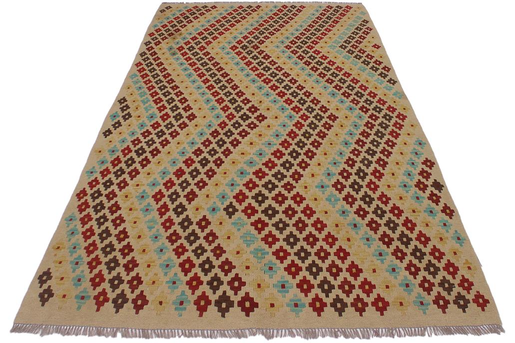 Flat Weave Kilim Antique Navaho Vintage handmade Modern Kilim Tan Red Hand-Woven Rectangle 100% Wool Area Rug 5x7 