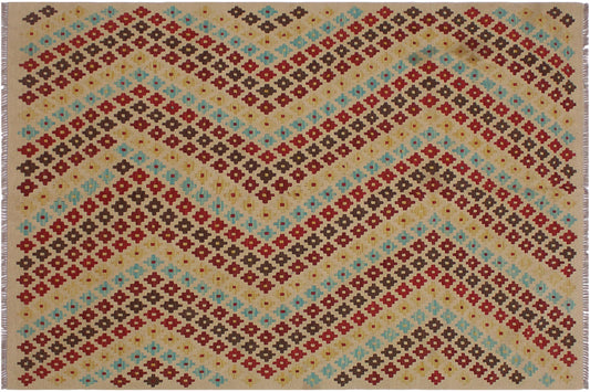 handmade Modern Kilim Tan Red Hand-Woven RECTANGLE 100% WOOL area rug 5x7