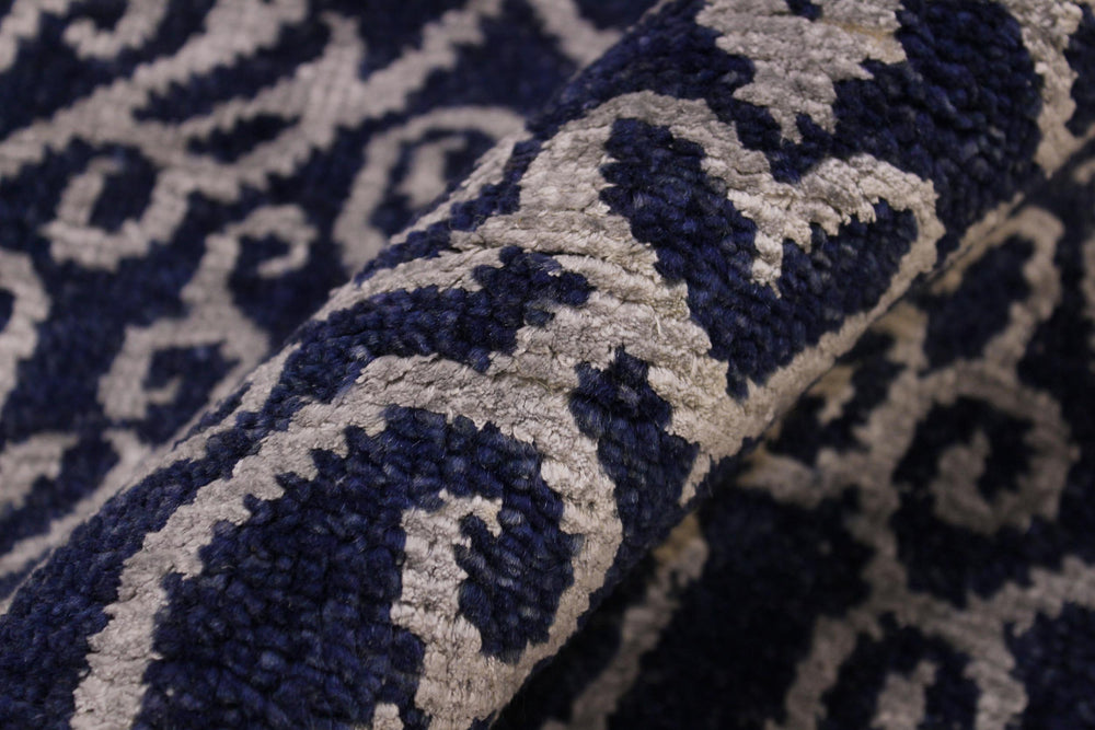 handmade Modern Round Kafkaz Blue Lt. Gray Hand Knotted ROUND WOOL&SILK area rug 6' x 6'