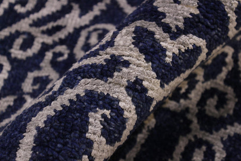 handmade Modern Round Kafkaz Blue Lt. Gray Hand Knotted ROUND WOOL&SILK area rug 6' x 6'