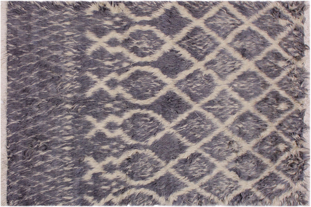 handmade Geometric Moroccan Gray Ivory Hand Knotted RECTANGLE 100% WOOL area rug 5' x 7'