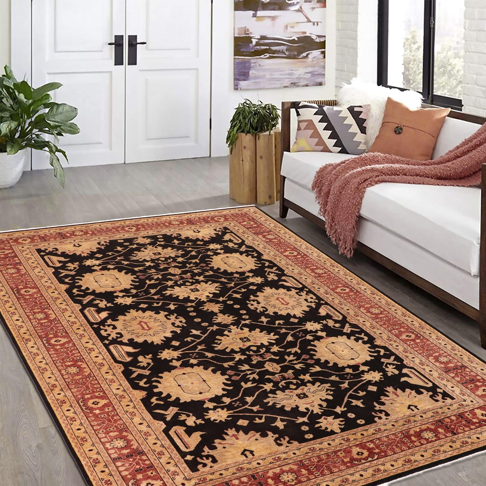 handmade Transitional Kafkaz Black Red Hand Knotted RECTANGLE 100% WOOL area rug 10' x 14'