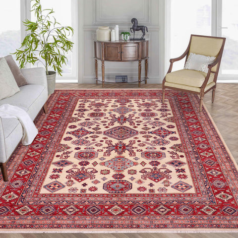 handmade Geometric Super Kazak Beige Red Hand Knotted RECTANGLE 100% WOOL area rug 8' x 10'