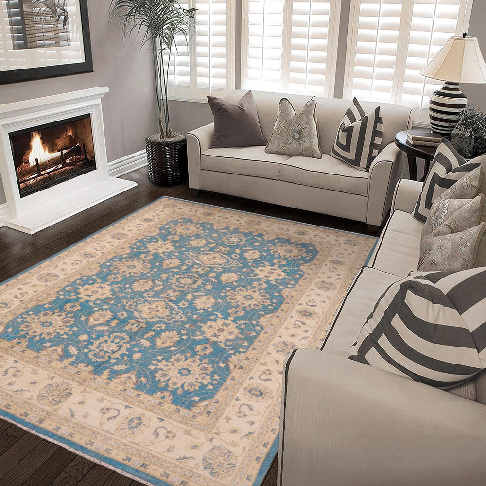 handmade Transitional Kafkaz Lt. Blue Beige Hand Knotted RECTANGLE 100% WOOL area rug 9' x 12'