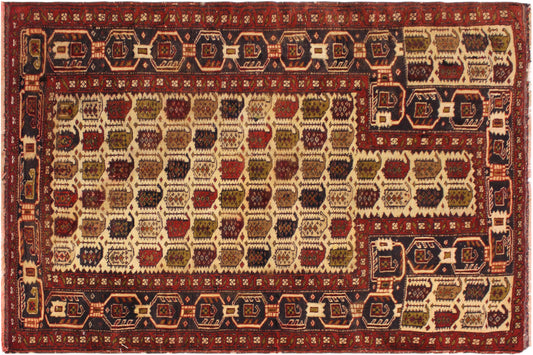 handmade Geometric Balouchi Ivory Blue Hand Knotted RECTANGLE 100% WOOL area rug 3x4