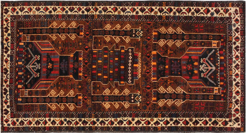 handmade Geometric Balouchi Brown Ivory Hand Knotted RECTANGLE 100% WOOL area rug 3x6