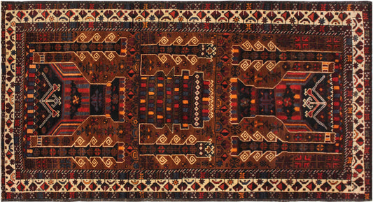 handmade Geometric Balouchi Brown Ivory Hand Knotted RECTANGLE 100% WOOL area rug 3x6