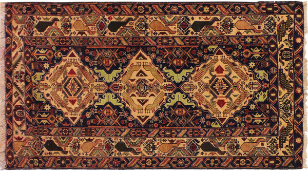 handmade Geometric Balouchi Blue Tan Hand Knotted RECTANGLE 100% WOOL area rug 4x7