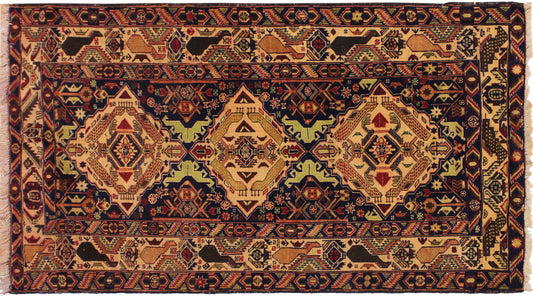 handmade Geometric Balouchi Blue Tan Hand Knotted RECTANGLE 100% WOOL area rug 4x7