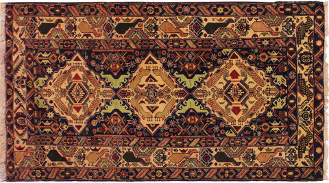 handmade Geometric Balouchi Blue Tan Hand Knotted RECTANGLE 100% WOOL area rug 4x7