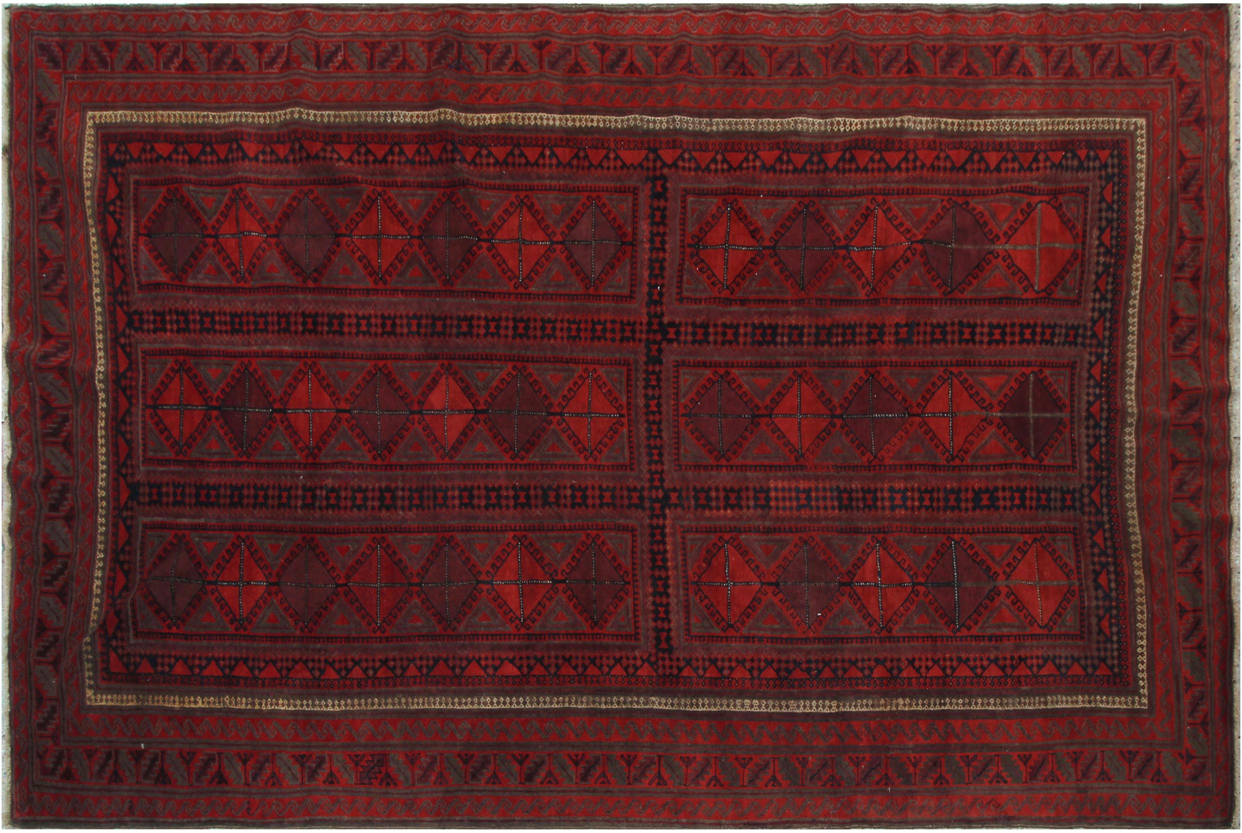 handmade Geometric Balouchi Rust Blue Hand Knotted RECTANGLE 100% WOOL area rug 7x11