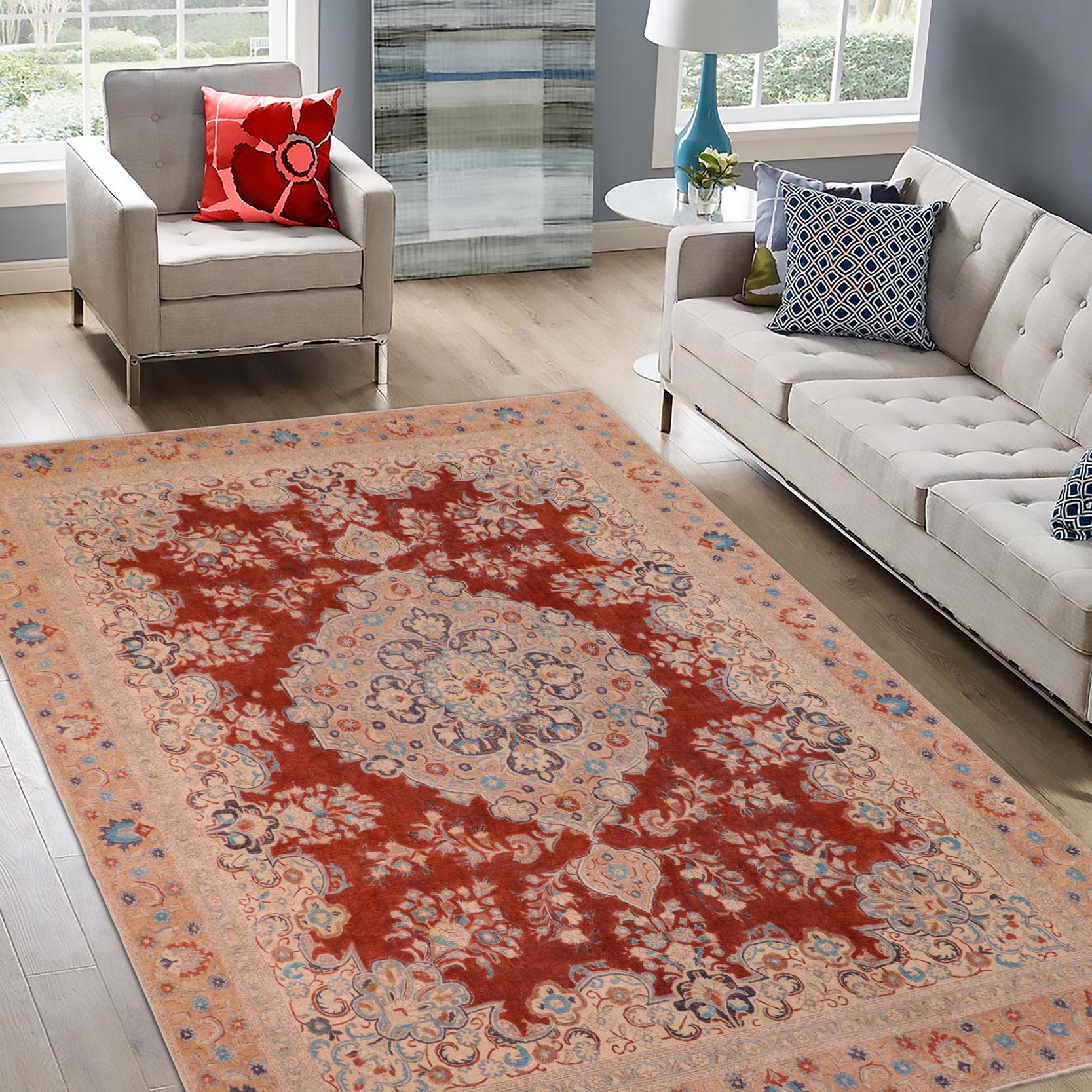 handmade Vintage Hand Painte Red Tan Hand Knotted RECTANGLE 100% WOOL area rug 10' x 14'