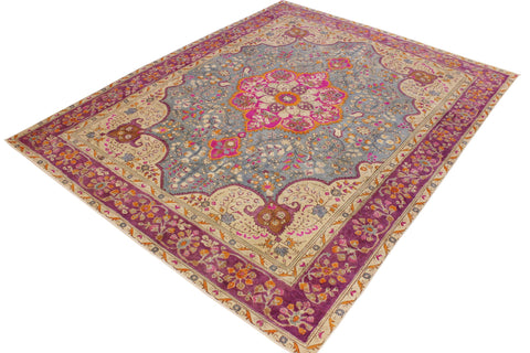 handmade Vintage Hand Painte Gray Purple Hand Knotted RECTANGLE 100% WOOL area rug 9' x 12'