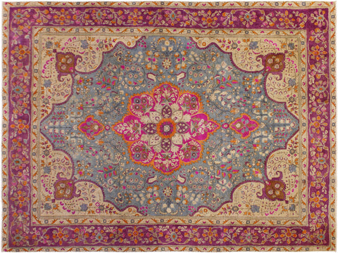 handmade Vintage Hand Painte Gray Purple Hand Knotted RECTANGLE 100% WOOL area rug 9' x 12'