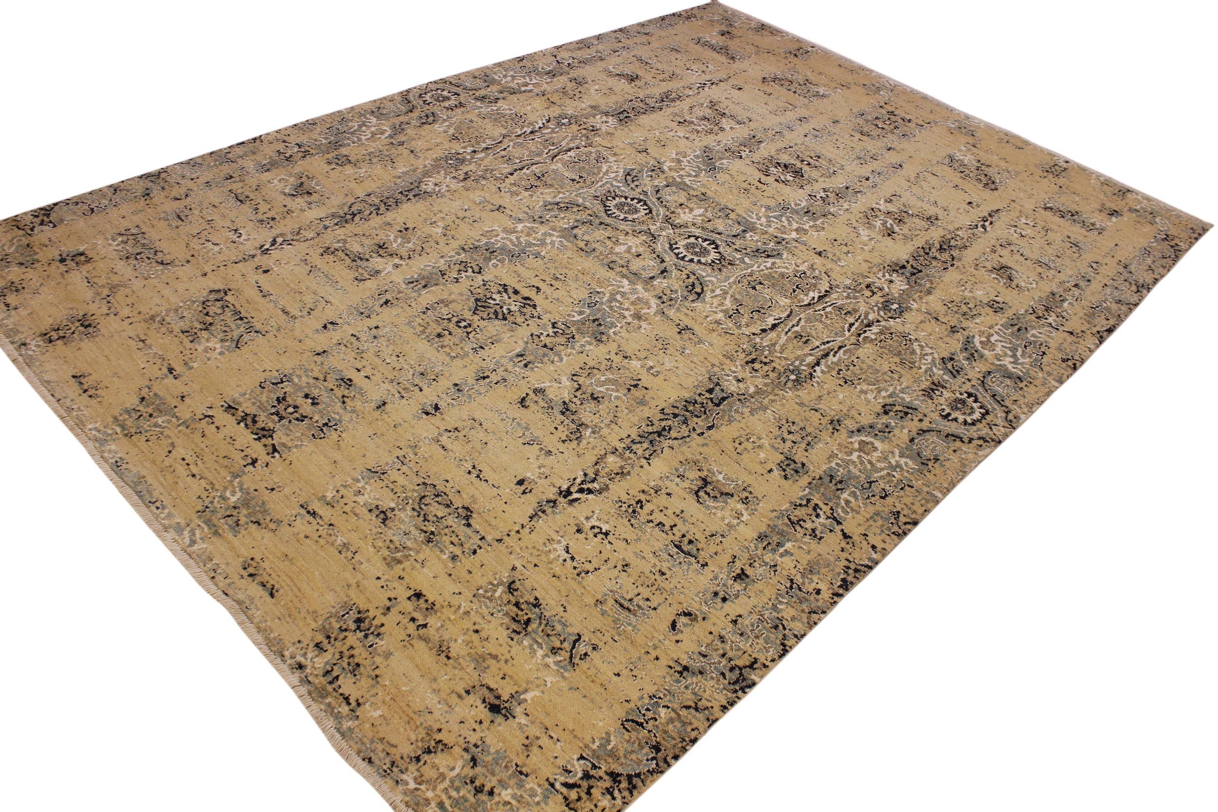 handmade Modern Kafkaz Tan Blue Hand Knotted RECTANGLE WOOL&SILK area rug 10' x 14'