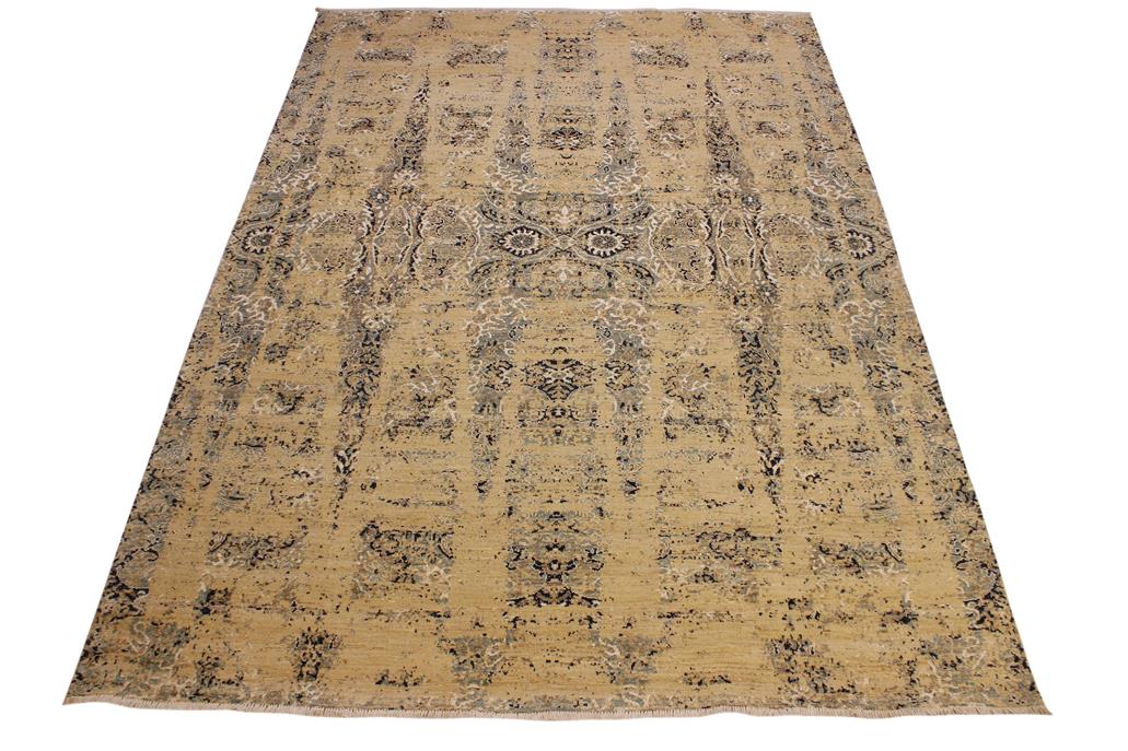 handmade Modern Kafkaz Tan Blue Hand Knotted RECTANGLE WOOL&SILK area rug 10 x 14