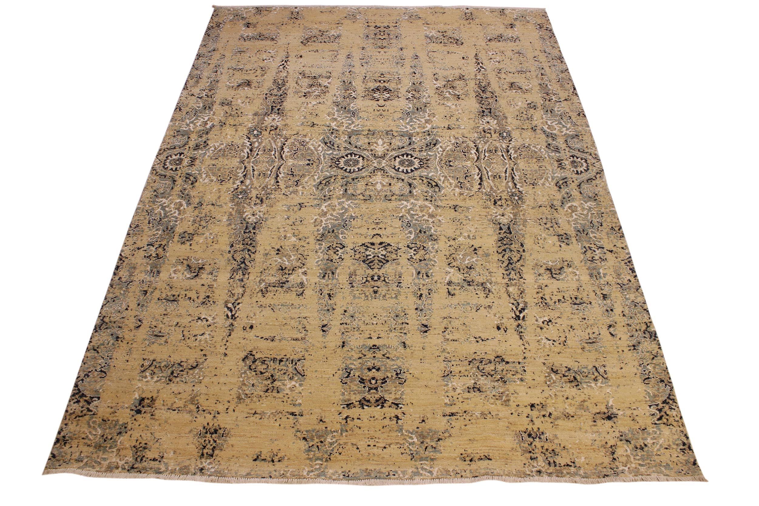 handmade Modern Kafkaz Tan Blue Hand Knotted RECTANGLE WOOL&SILK area rug 10' x 14'
