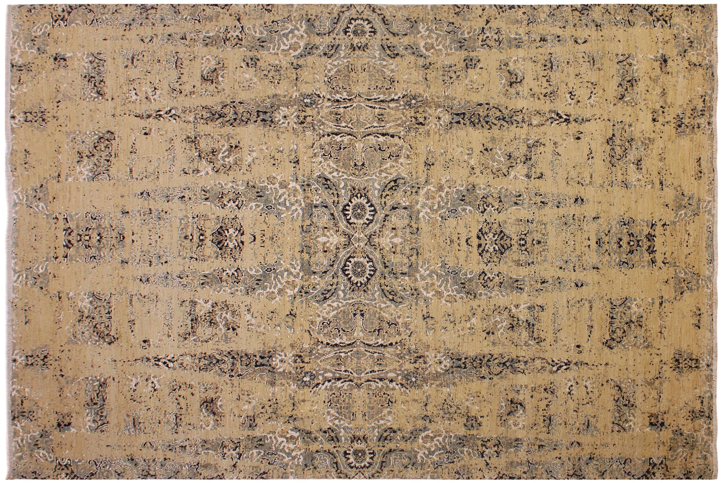 handmade Modern Kafkaz Tan Blue Hand Knotted RECTANGLE WOOL&SILK area rug 10' x 14'