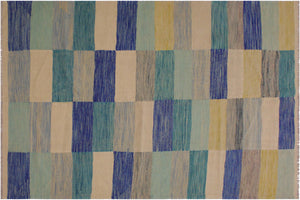handmade Modern Kilim Ivory Blue Hand-Woven RECTANGLE 100% WOOL area rug 5x8