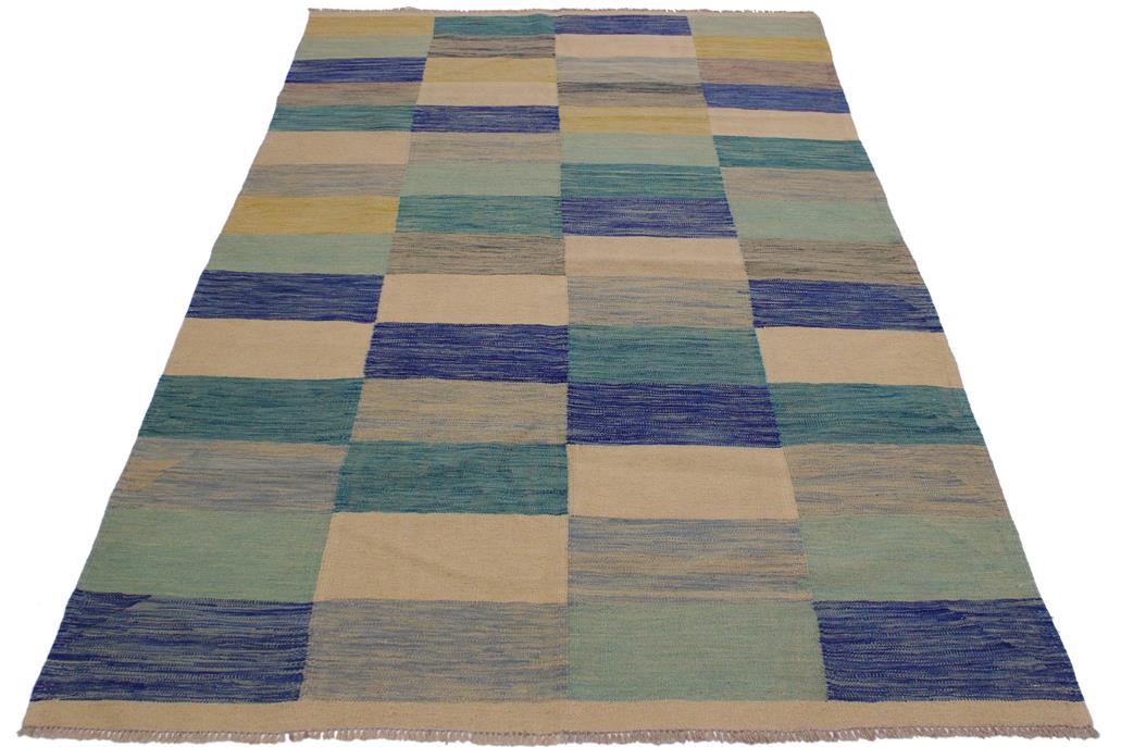 Flat Weave Kilim Antique Navaho Vintage handmade Modern Kilim Ivory Blue Hand-Woven Rectangle 100% Wool Area Rug 5x8 