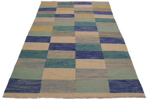 handmade Modern Kilim Ivory Blue Hand-Woven RECTANGLE 100% WOOL area rug 5x8