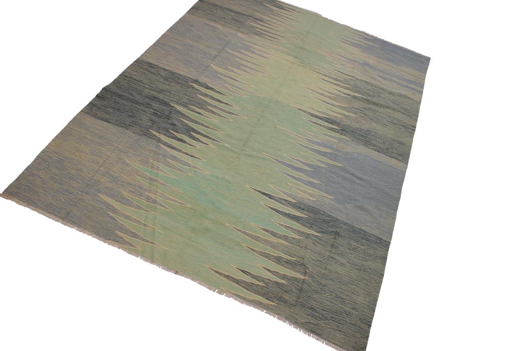 Flat Weave Kilim Antique Navaho Vintage handmade Modern Kilim Grey Lt. Green Hand-Woven Rectangle 100% Wool Area Rug 9x12 